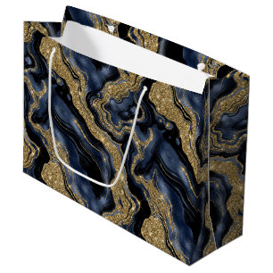 Elegant Navy Blue & Gold Glitter Agate Birthday Large Gift Bag