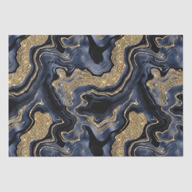 Elegant Navy Blue & Gold Glitter Agate Birthday Tissue Paper (Front)