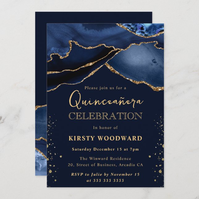 Elegant Navy Blue & Gold Glitter Agate Quinceanera Invitation (Front/Back)