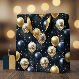 Elegant Navy Blue & Gold Glitter Balloons  Medium Gift Bag