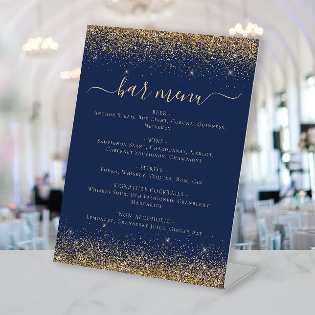 Elegant Navy Blue Gold Glitter Bar Menu Pedestal Sign (Creator Uploaded)