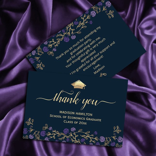 Elegant Navy Blue Gold Graduation Thank You Card ("Make every 'thank you' a work of art! Our gorgeous graduation thank you cards feature a stunning)