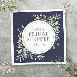 Elegant Navy Blue Gold Greenery Bridal Shower Napkin