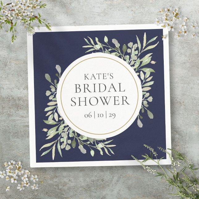 Elegant Navy Blue Gold Greenery Bridal Shower Napkin (Elegant Navy Blue Gold Greenery Bridal Shower Napkins)