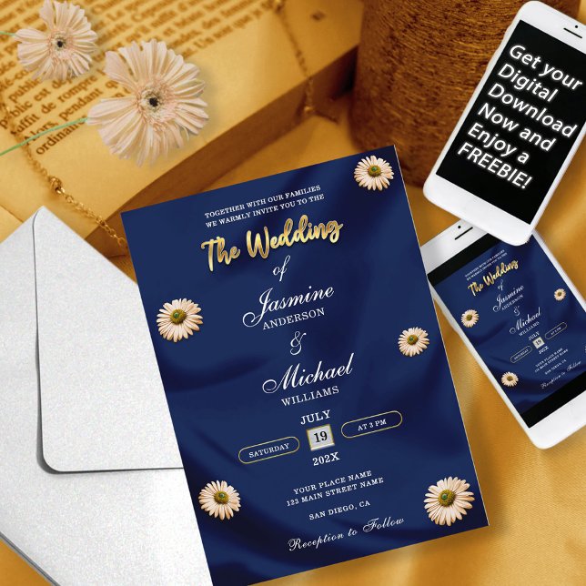 Elegant Navy Blue Gold Ivory Beige Floral Wedding Invitation (Creator Uploaded)