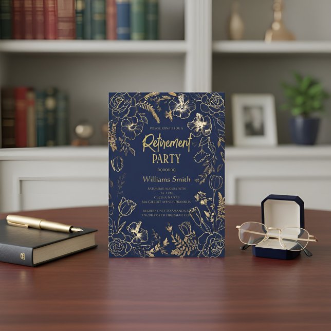 Elegant Navy Blue Gold Line Art Floral Retirement  Invitation (Creator Uploaded)