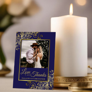 Elegant Navy Blue & Gold Love & Thanks Wedding Thank You Card