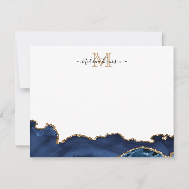 Elegant Navy Blue Gold Marble Agate Monogram Card (Front)