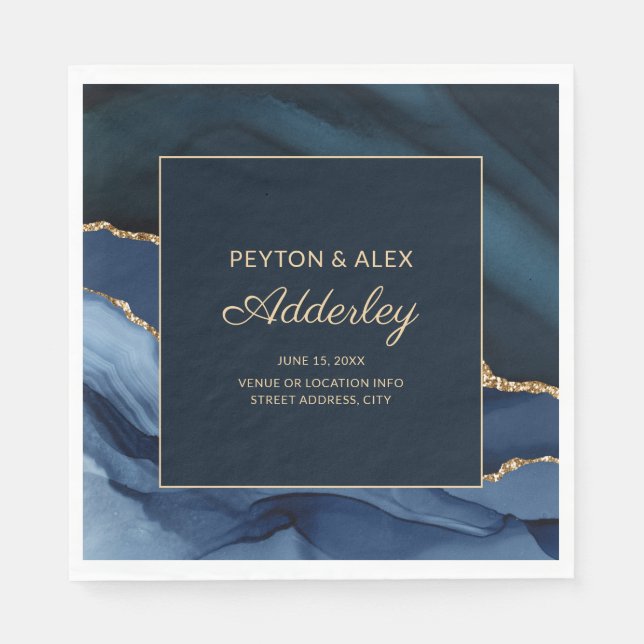 Elegant Navy Blue Gold Marble Agate Wedding  Napkin (Front)