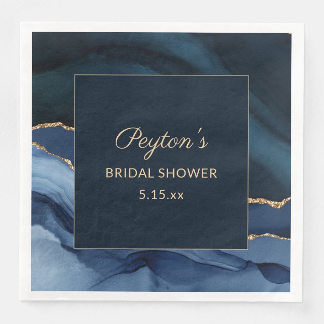 Elegant Navy Blue Gold Marble Bridal Shower  Paper Napkin (Front)