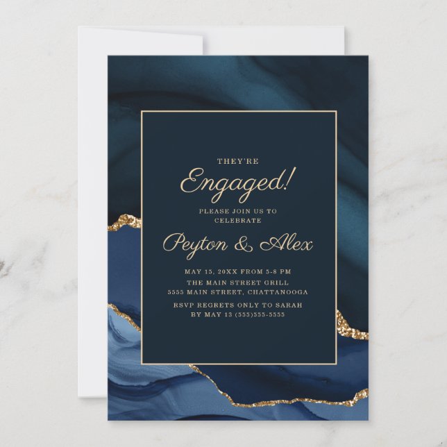 Elegant Navy Blue Gold Marble Engagement Party Invitation (Front)
