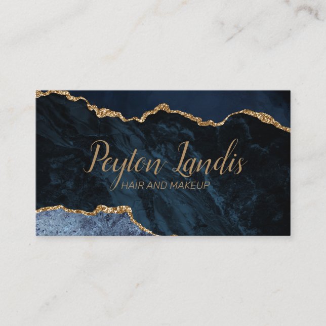 Elegant Navy Blue Gold Marble Hair Makeup Business Card (Front)