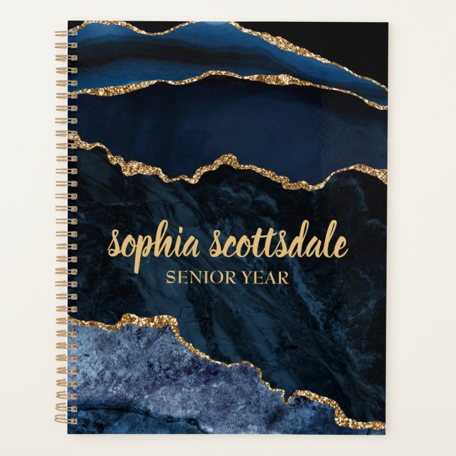 Elegant Navy Blue Gold Marble Senior Year  Planner (Front)