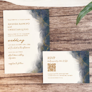 Elegant Navy Blue Gold Marble Typography Wedding Invitation