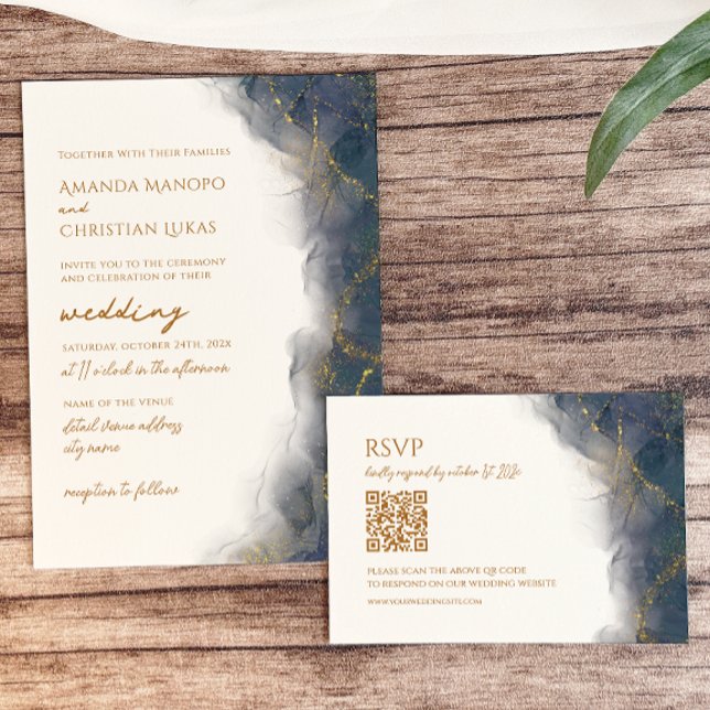Elegant Navy Blue Gold Marble Typography Wedding Invitation (Creator Uploaded)