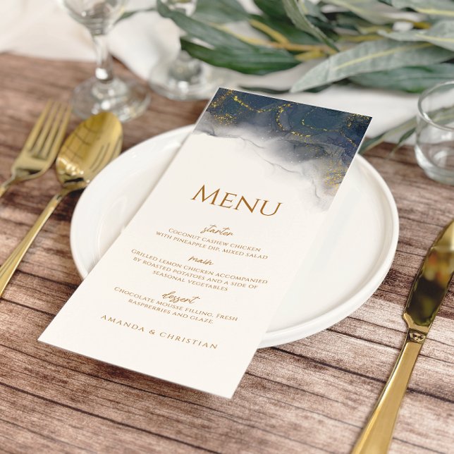 Elegant Navy Blue Gold Marble Wedding Menu (Creator Uploaded)