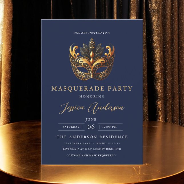 Elegant Navy Blue Gold Masquerade Party Birthday Invitation (Creator Uploaded)
