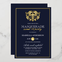 Elegant Navy Blue & Gold Masquerade Sweet 16 Party