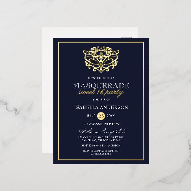 Elegant Navy Blue & Gold Masquerade Sweet 16 Party Foil Invitation Postcard (Front/Back)