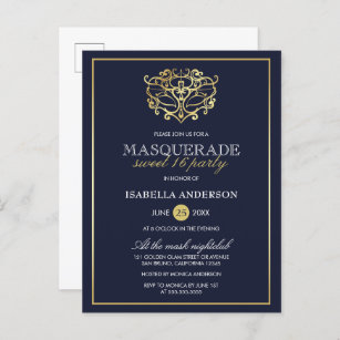 Elegant Navy Blue & Gold Masquerade Sweet 16 Party Invitation Postcard