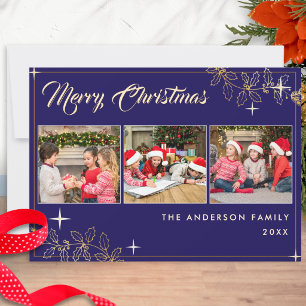 Elegant Navy Blue Gold Merry Christmas 3 Photo Holiday Card