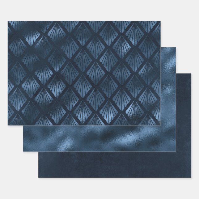 Elegant Navy Blue Gold Metallic Art Deco  Wrapping Paper Sheet (Set)