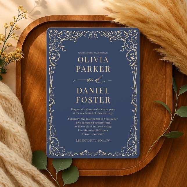 Elegant Navy Blue Gold Minimalist Wedding Invitation (Creator Uploaded)