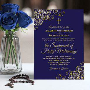 Elegant Navy Blue & Gold Modern Catholic Wedding Invitation