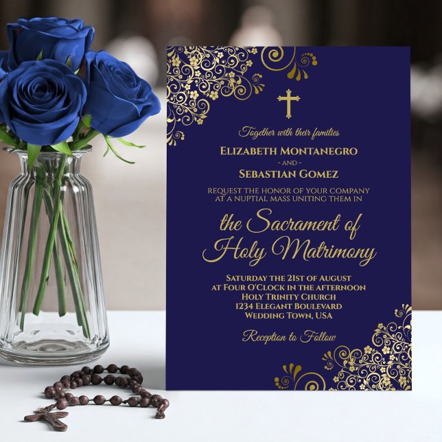 Elegant Navy Blue & Gold Modern Catholic Wedding Invitation (Creator Uploaded)