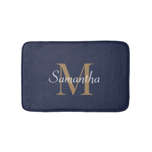Elegant Navy Blue Gold Modern Monogram Bath Mat