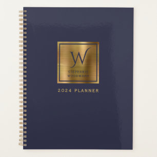 Elegant Navy Blue Gold Monogram 2024 Planner