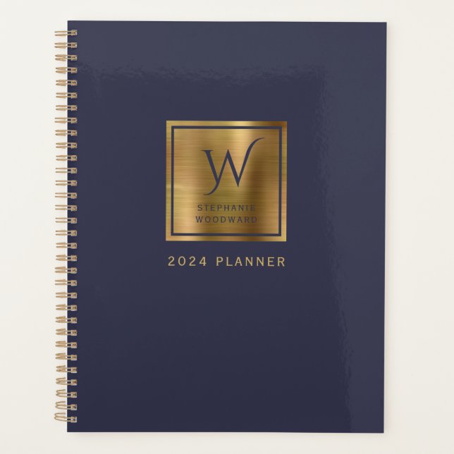 Elegant Navy Blue Gold Monogram 2024 Planner (Front)