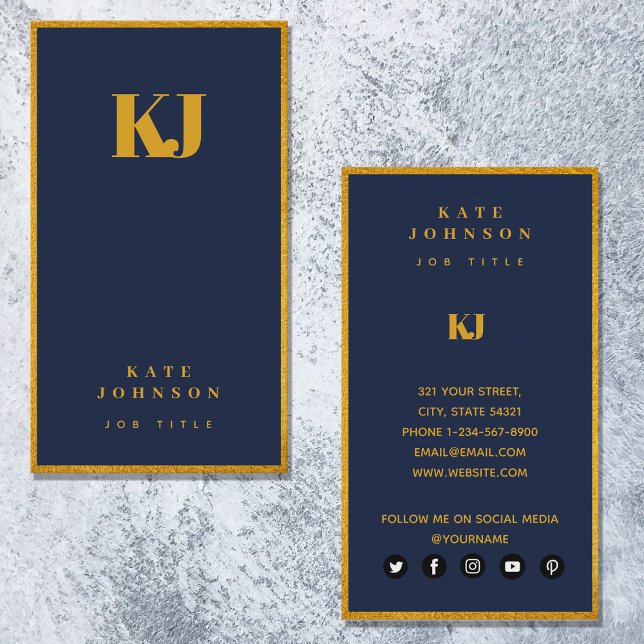 Elegant Navy Blue Gold Monogram Initials Business Card (Creator Uploaded)