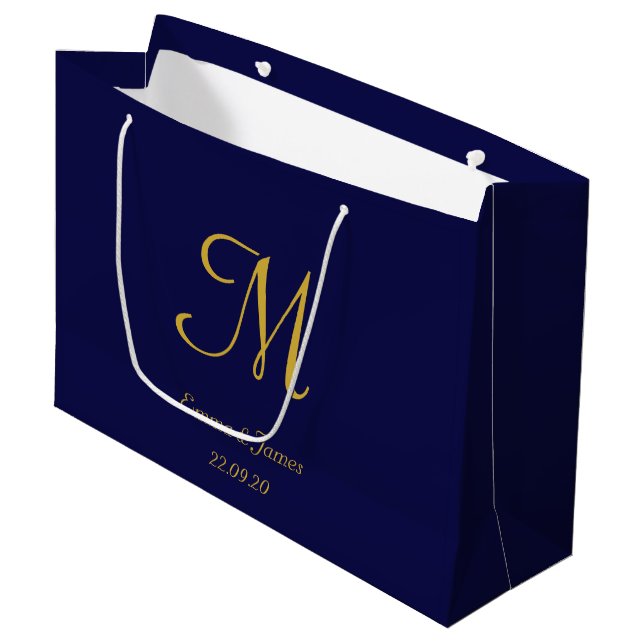 Elegant Navy Blue & Gold Monogram Name Wedding  Large Gift Bag (Front Angled)