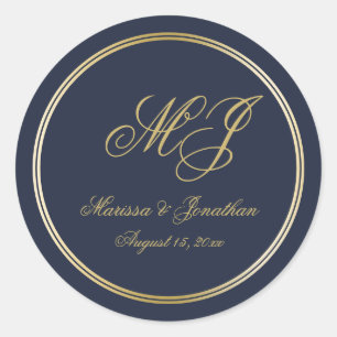 Elegant Navy Blue Gold Monogram Script Wedding Classic Round Sticker