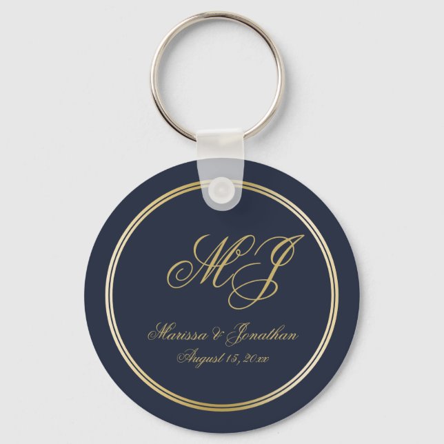 Elegant Navy Blue Gold Monogram Script Wedding Key Ring (Front)