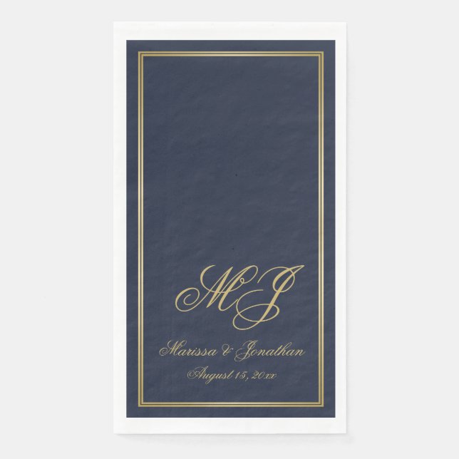 Elegant Navy Blue Gold Monogram Script Wedding Napkin (Front)