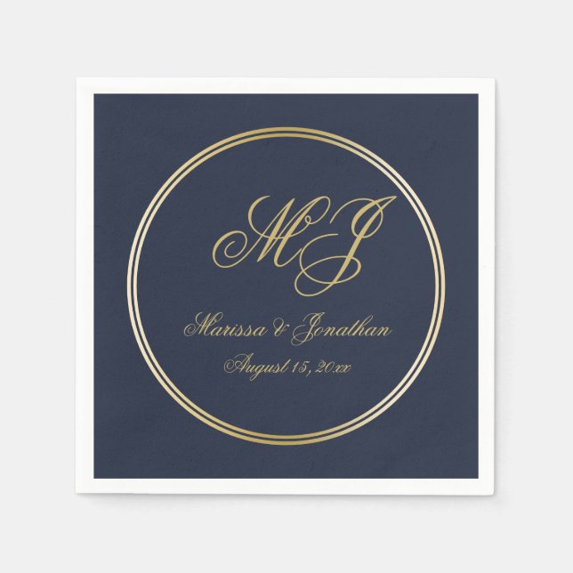 Elegant Navy Blue Gold Monogram Script Wedding Napkin (Front)