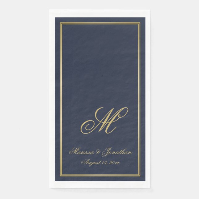Elegant Navy Blue Gold Monogram Script Wedding Napkin (Front)