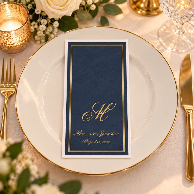 Elegant Navy Blue Gold Monogram Script Wedding Napkin (Elegant Navy Blue Gold Monogram Script Wedding Paper Guest Towels)
