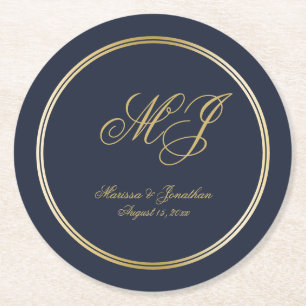 Elegant Navy Blue Gold Monogram Script Wedding Round Paper Coaster