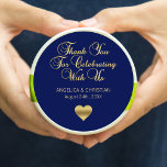 Elegant Navy Blue Gold Nautical Thank you Wedding Classic Round Sticker<br><div class="desc">Elegant and unique thank you wedding stickers / labels with gold accent.  Thank you for celebrating with us message with little faux gold heart. (Background colour can be changed to any colour to match your wedding scheme). Perfect for nautical theme. Contact designer for other options.</div>