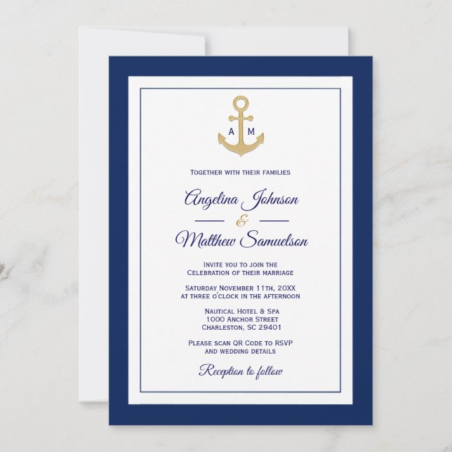 Elegant Navy Blue Gold Nautical Wedding QR code Invitation (Front)