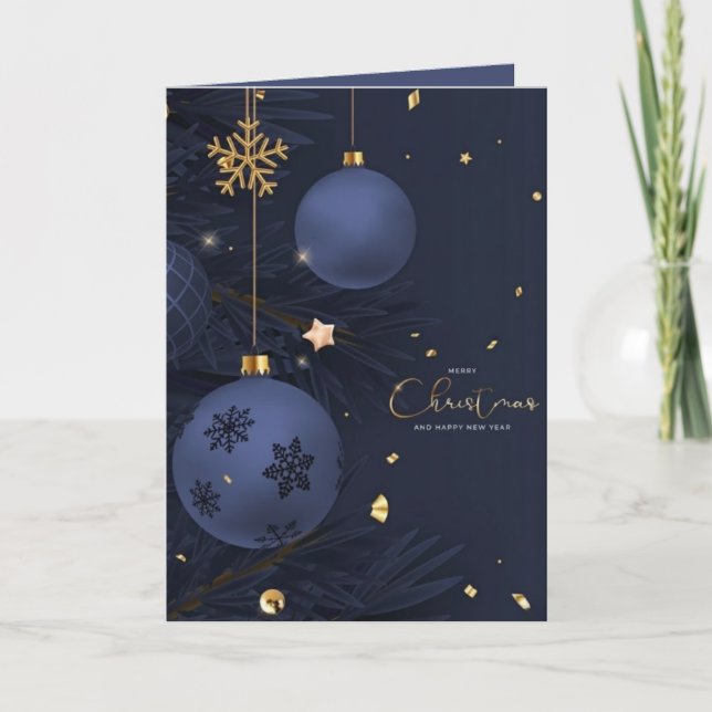 Elegant Navy Blue & Gold Ornaments Corporate  Holiday Card (Front)