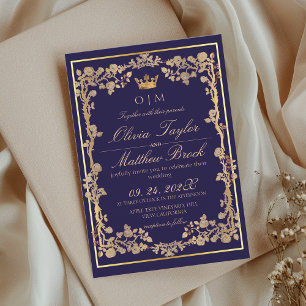 Elegant Navy Blue & Gold Ornate Frame Wedding Invitation