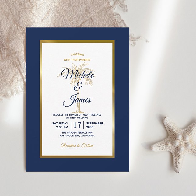 Elegant Navy Blue Gold Palm Tree Modern Wedding Invitation (Creator Uploaded)