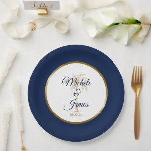 Elegant Navy Blue Gold Palm Tree Modern Wedding Paper Plate
