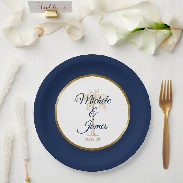 Elegant Navy Blue Gold Palm Tree Modern Wedding Paper Plate (Wedding)