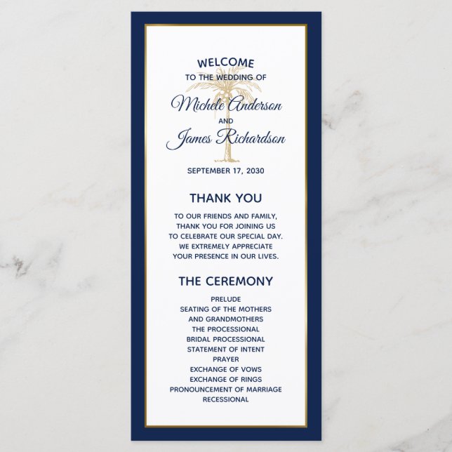 Elegant Navy Blue Gold Palm Tree Modern Wedding Programme (Front)