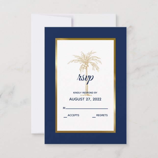 Elegant Navy Blue Gold Palm Tree Modern Wedding RSVP Card (Front)